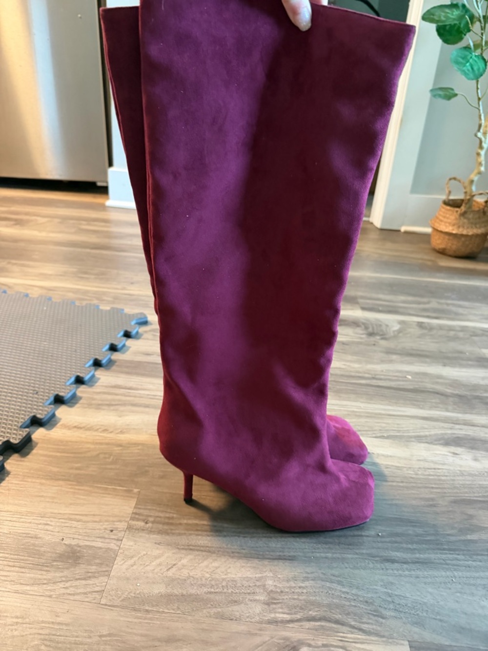 Red Wine Suede Knee High Heel Boots - Picture 4 of 4